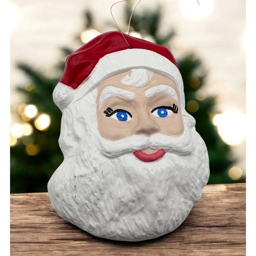 Vintage Santa Claus Face Christmas Tree Ornament Hand Painted Ceramic Blue Eyes